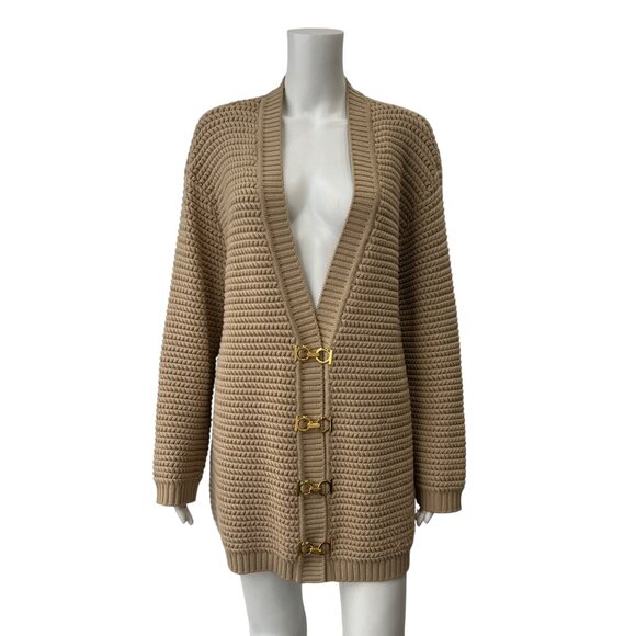 Salvatore Ferragamo VINTAGE Beige Wool Cardigan Gold-Tone Sweater size Small - Picture 1 of 8